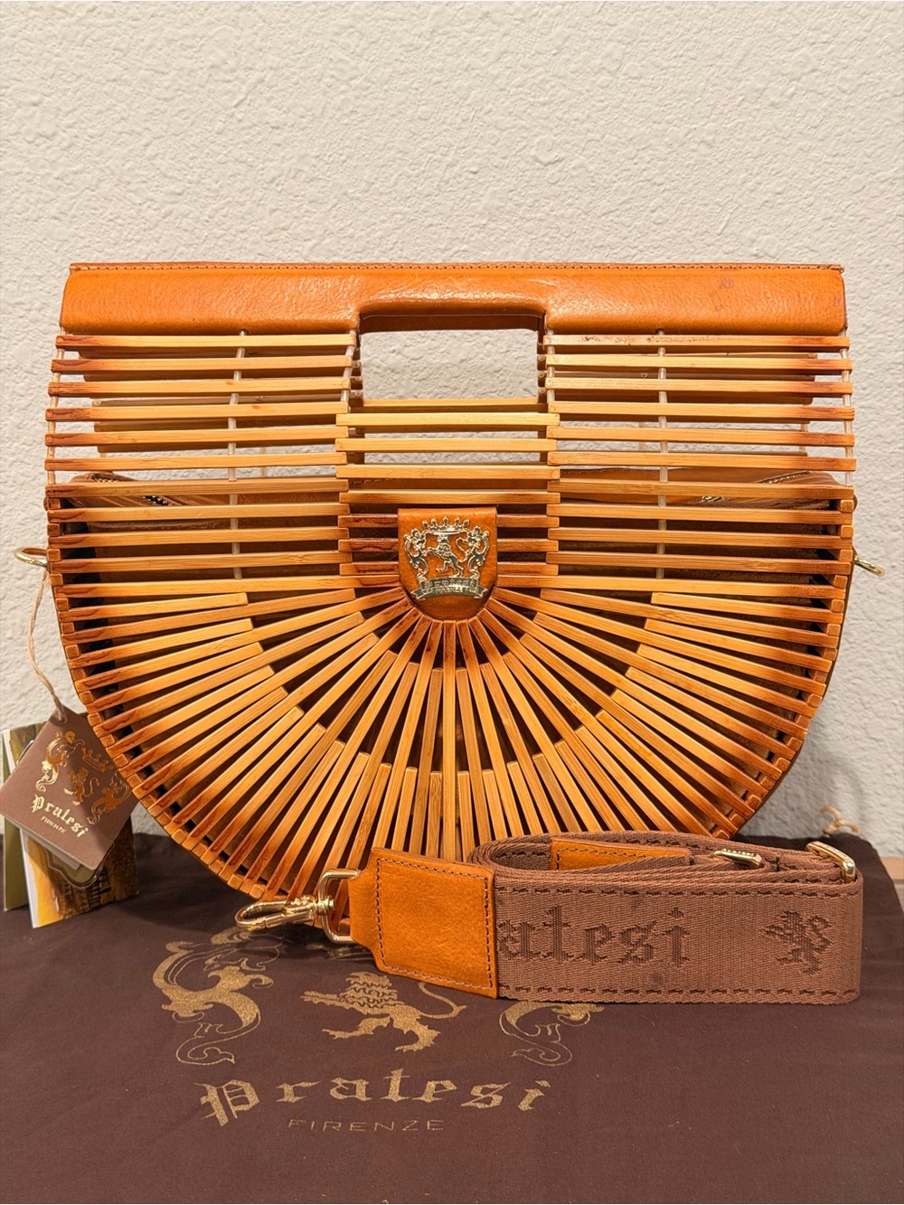 Pratesi Firenze Ventaglio Bamboo Slatted Handbag Leather Crossbody Bag Italy NWT